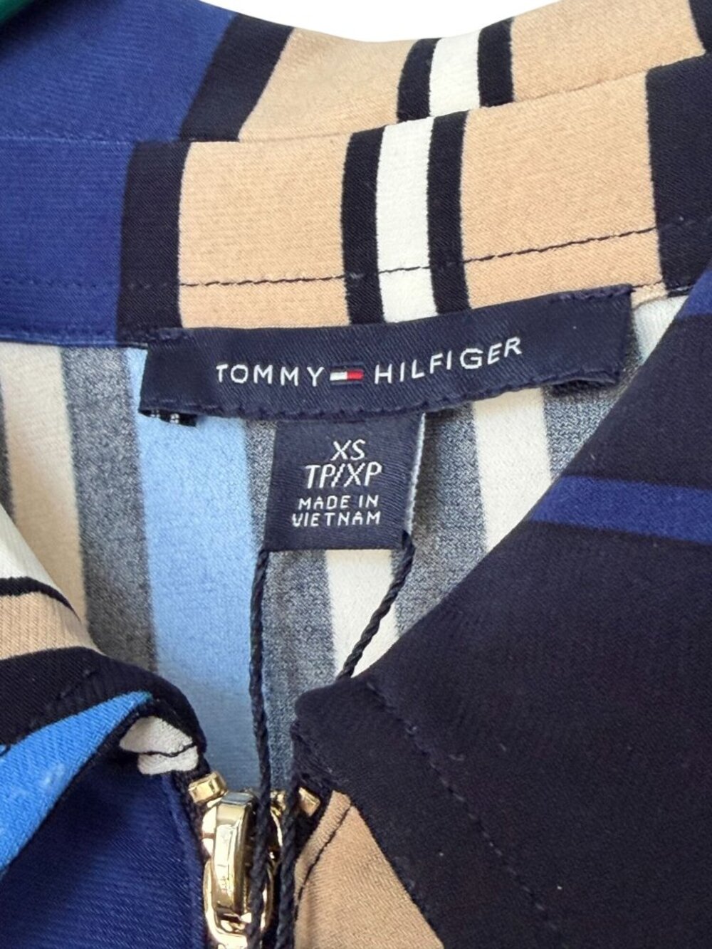 NWT Tommy Hilfiger Womens Striped Zip-Front Blouse Top XS Long Sleeve Blue Beige - Picture 5 of 6